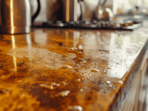 Close-up of a wet brown granite countertop with reflections and a blurred kitchen background.
